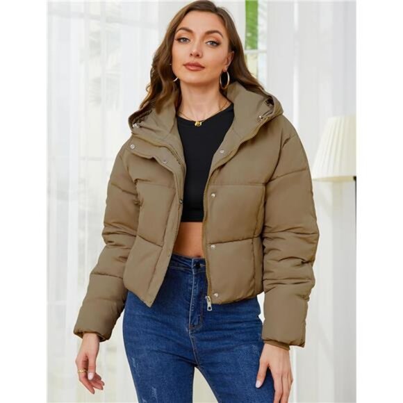 Womens Cropped Puffer Jacket Hooded Zip Up Brown - Picture 3 of 6